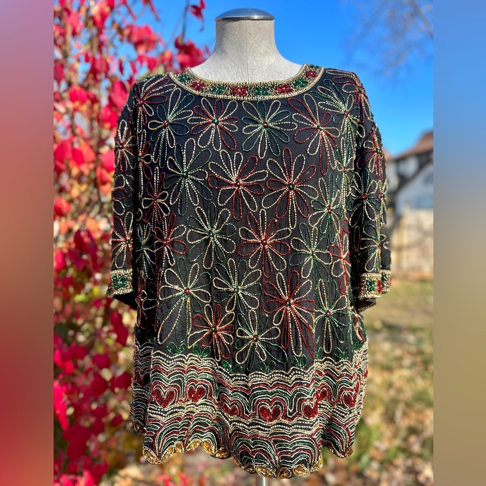 1980s Silk Beaded Holiday Top
